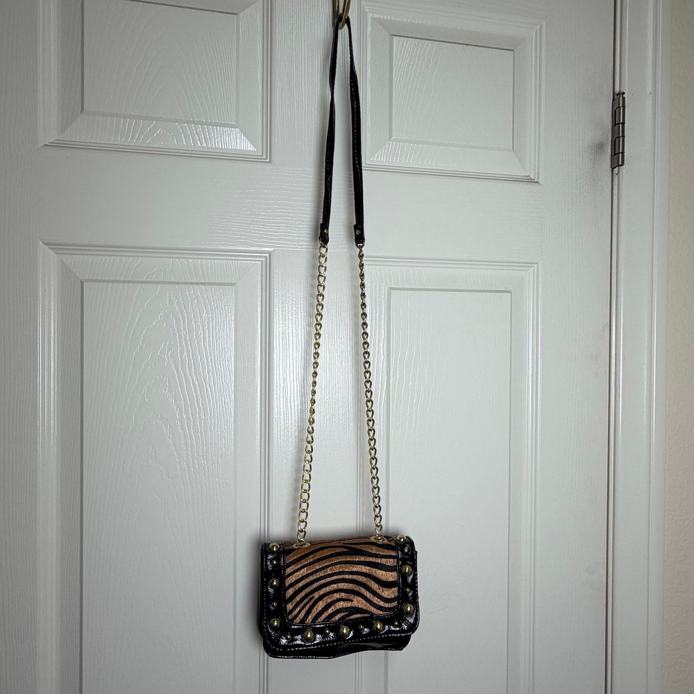 Steve Madden Black Patent Studded Zebra Print Crossbody Bag Gold Chain Strap